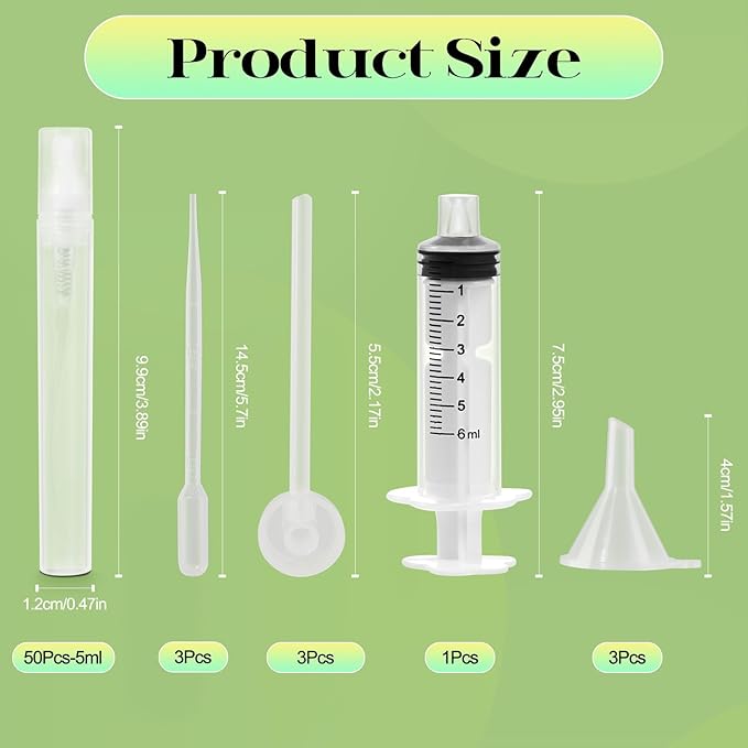 50Pcs Mini Spray Bottle 5ml, Small Travel Perfume Bottle Refillable with 10 Tools, Clear Plastic Small Atomizer Empty, Fine Mist Perfume Sample Spray Bottle for Travel Essential Oil Perfumes