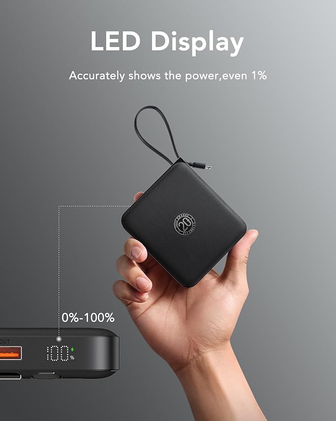 VRURC Portable Charger with Built-in Cable, 10000mAh 22.5W Fast Charging USB C Battery Pack, Cell Phone Power Bank for iPhone 17 16 15 Samsung Galaxy S25 S24 S23 Series Android Tablet, Black(1 Pack)