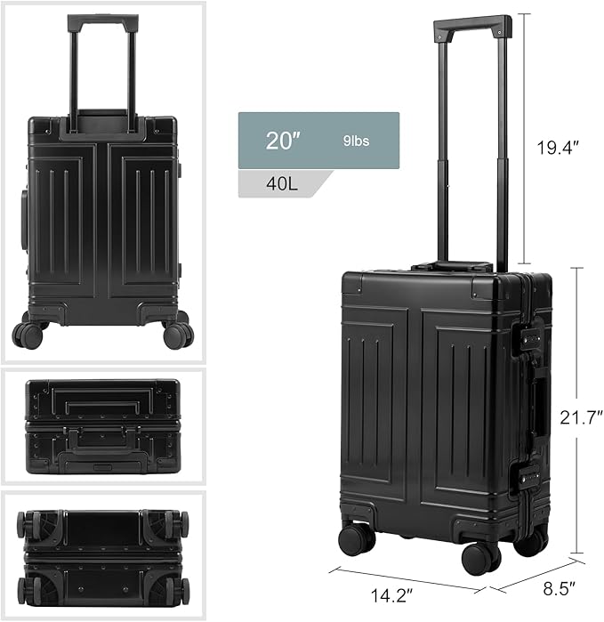 All Aluminum Carry On Luggage,Cut from Whole Aluminum Sheet,22x14x9 Airline Approved ,(3rd Generation,Premium Metal zipperless suitcase ) (black, 28inch)