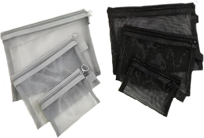 6Pack Mesh Makeup Bags mesh zipper pouch Cotton Blend Travel Organizer Pouches with Zipper Small Storage Bags for Cosmetics and Toiletries Office stationery storage net bag Black and Grey