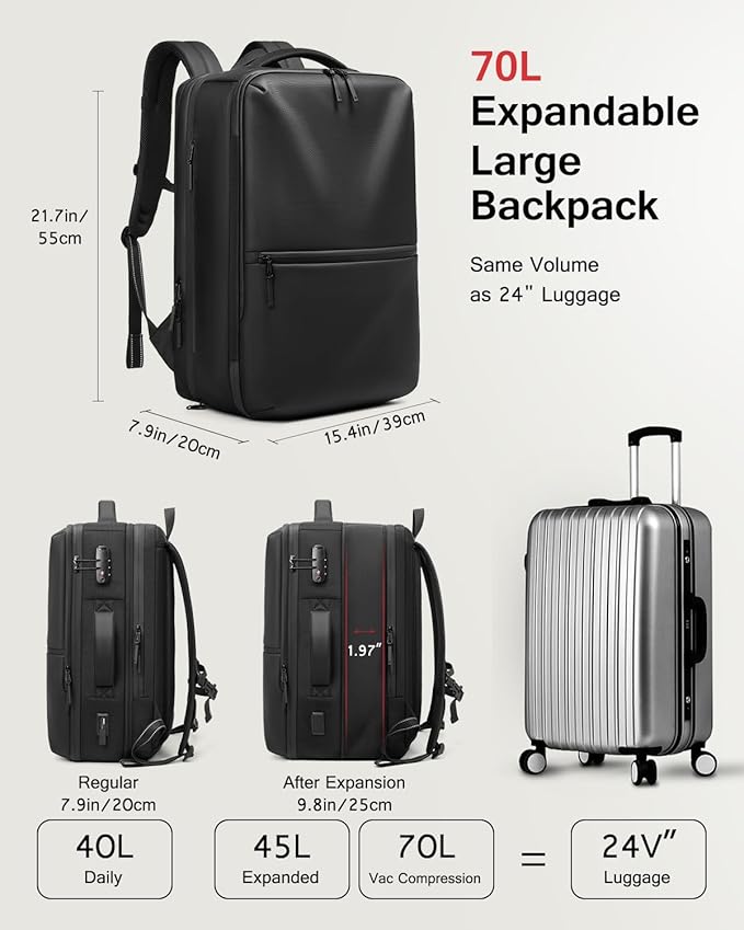 70L Vacuum Backpack Travel with Pump, Charging Port and TSA Lock, Expandable Vacuum Seal Compression Travel Backpack for 19" Laptop, Airline Approved
