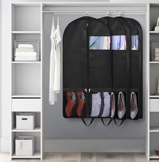 KIMBORA 43" Suit Bags for Closet Storage and Travel, Gusseted Mesh Hanging Garment Bags for Men Suit Cover with Handle for Clothes, Coats, Jackets, Shirts(3 Packs,Black)