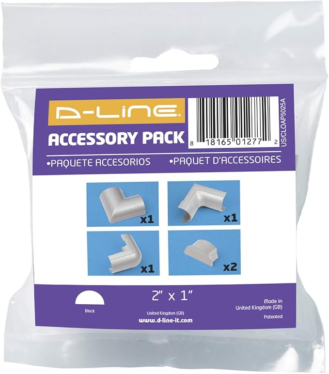 D-Line Large Cable Raceway Accessory Pack, Join 2in x 1in Cord Cover Lengths, 5 Accessories Included, Hide Cords Around a Variety of Angles - Gray