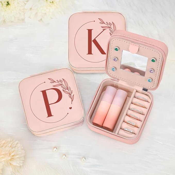 SANDJEST Personalized Jewelry Box, Pink Small Travel Jewelry Box with Initial P, Monogrammed Jewelry Case Organizer for Girls Women Teen, Mini Travel Essentials Gifts for Christmas Birthday
