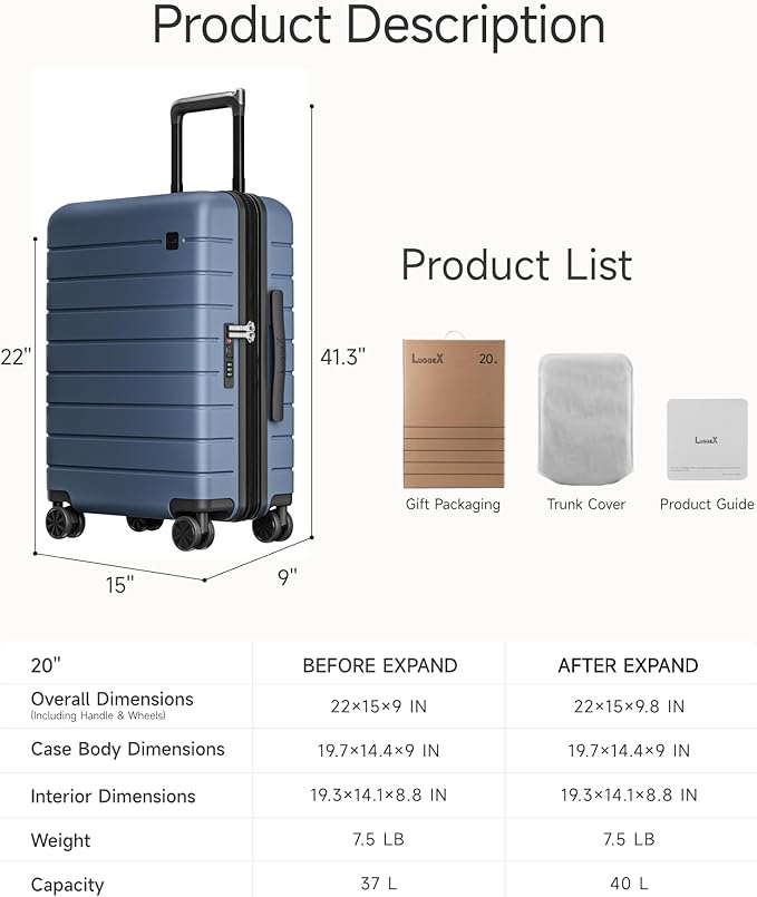 LUGGEX Carry On Luggage HUP3, Hardshell Suitcase with DiHook, Handy Pouch, 20 inch Expandable Suitcases Airline Approved TSA Lock, with Spinner Wheels (HX-Core)