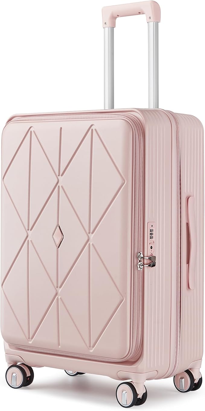 Merax 100% PC Hard Shell Luggage Set, 3 Piece Lightweight TSA Lock Spinner Suitcase with Front Pocket, Airline Approved, Pink, 20/24/28 Inch