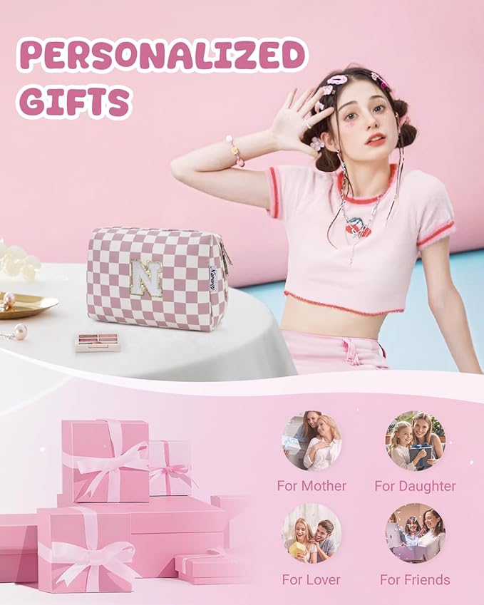 Narwey Birthday Gifts for Teen Girls Kids Women Personalized Initial Checkered Makeup Bag Pink Monogram Cosmetic Bag Trendy Stuff 6 8 10 11 12 13 14 16 18 Years Old Travel Toiletry Bag (Dusty Rose N)