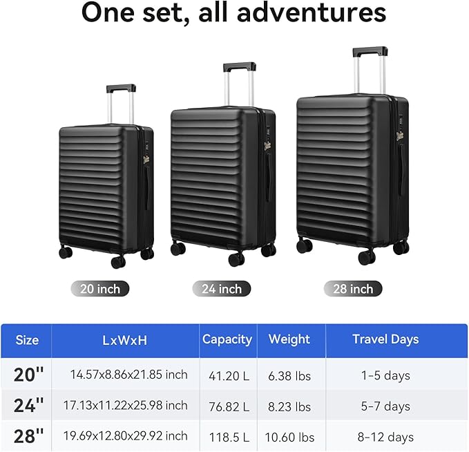 Travel Suitcase Sets 3 Piece, Expandable Hardshell Luggage Sets 3pcs with TSA Lock Spinner Wheels, Black (20''/24''/28")