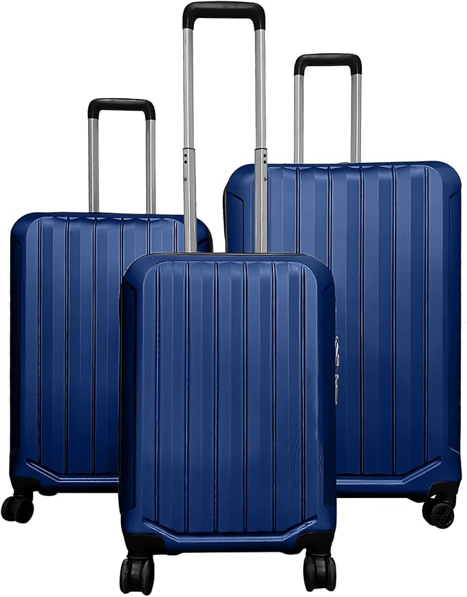 GYMAX Luggage Sets 3 Pieces Hardside Suitcase with Spinner Wheels & Lock, 20” Carry On, 24” & 28” Checked Luggage Set, Lightweight Portable for Travel, Business (Navy,Vertical Stripe)