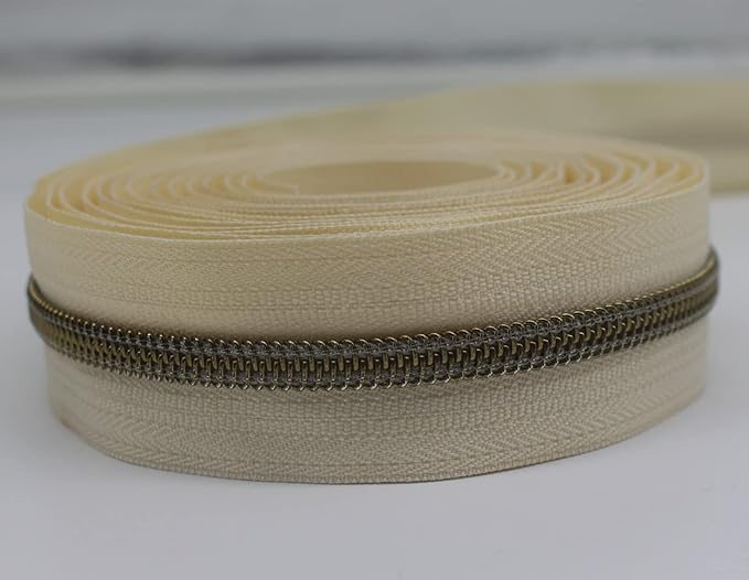 YaHoGa #5 Antique Brass Metallic Nylon Coil Zippers by The Yard Bulk Beige Tape 10 Yards with 20pcs Sliders for DIY Sewing Tailor Craft Bag (Anti-Brass Beige)