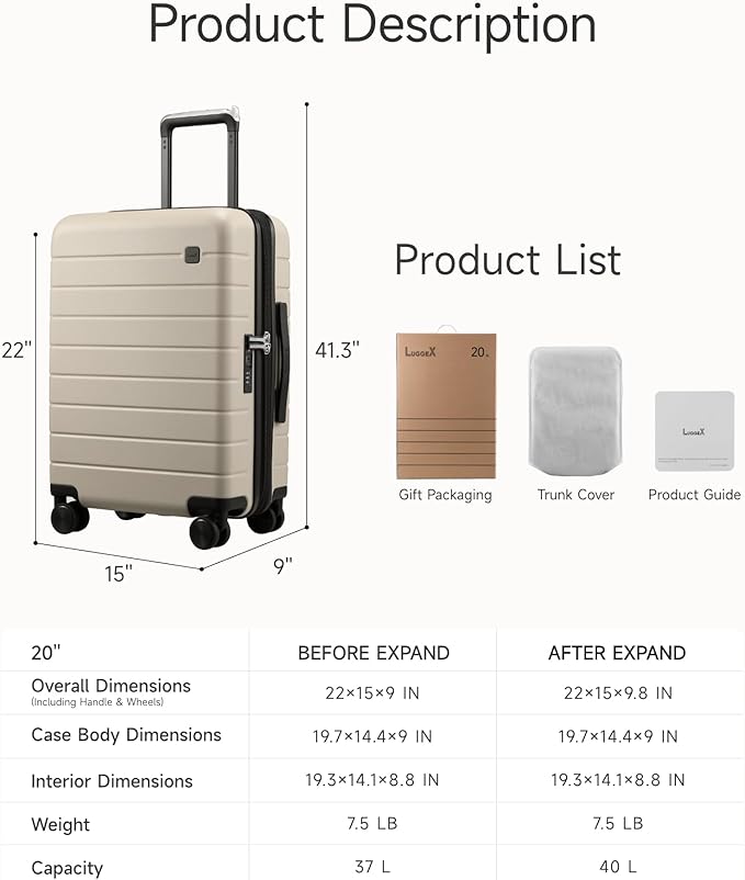 LUGGEX Carry On Luggage HUP3, Hardshell Suitcase with DiHook, Handy Pouch, 20 inch Expandable Suitcases Airline Approved TSA Lock, with Spinner Wheels (HX-Core)