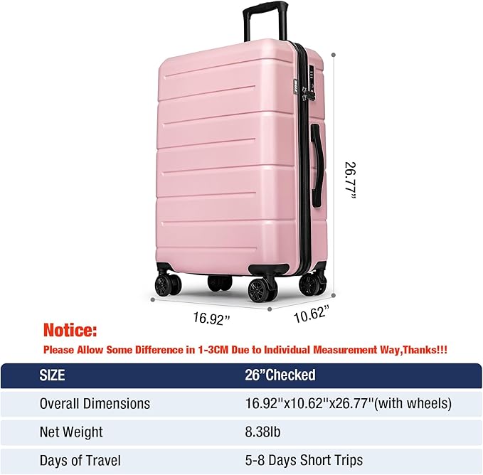 KYME 26 Inch Luggage TSA Approved Hardshell Suitcases with Spinner Wheels Durable Medium Travel Checked Luggage with Cup Holder for Women Men Pink