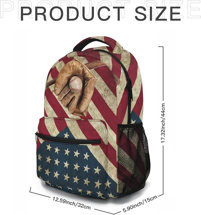 American Flag Baseball Print Backpack, Laptop Backpack with Multiple Pockets for Adult Hiking Travel Work 17 Inch