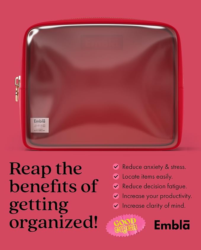 Embla Clear Cosmetic Bag Makeup Case, Clear Zipper Make Up Pouch and Toiletry Travel Tote, Cute Skincare Pouches for Women Girls, Preppy Purse Cosmetic Organizer, Large Makeup Bags, Ruby Red