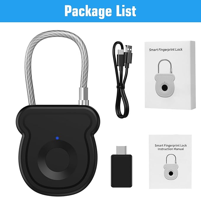 Smart Fingerprint Padlock for Luggage - 20 User Capacity, USB Key & Emergency Code, Keyless Biometric Lock for Gym Locker, Suitcase, Backpack, Toolbox & Handbag (Black)