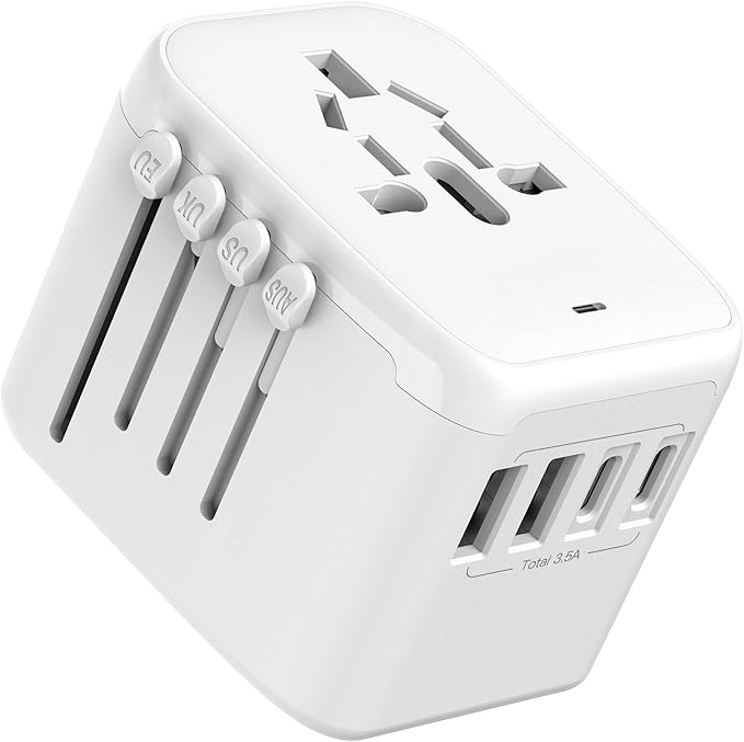 Universal International Power Travel Plug Adapter, 5 in 1 European Travel Plug Adapter W/ 3.5A 2xUSB-A and 2xUSB C Wall Charger and Worldwide AC Outlet for Europe USA UK AUS Asia