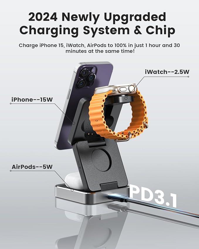3-in-1 Wireless Charger for iPhone,15W Fast Wireless Charging Station Compatible with Mag-Safe Charger,Magnetic Foldable Travel Charger Stand Nightstand for iPhone 17/16/15/14,Apple Watch&AirPods