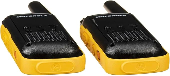 Motorola Solutions Talkabout, Portable FRS, T475 Two Way Radio 2 Pack Walkie Talkies Black/Yellow 22 Channels PTT Earpieces with Additional Dual Drop-in Charger, Yellow/Black, MOT-T475