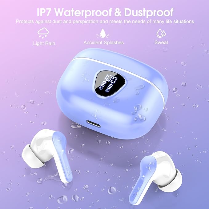 Wireless Earbuds, Bluetooth 5.4 Headphones HiFi Stereo, Bluetooth Earbuds with ENC Noise Cancelling Mic,IP7 Waterproof in Ear Earphones, 48H, LED Display Ear buds for Pad Phones Workout, White Purple