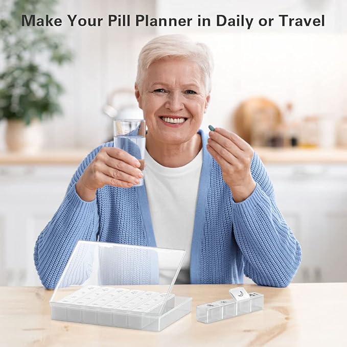 XL Pill Organizer 4 Times a Day, BUG HULL Extra Large Weekly Pill Box Case, 7 Day Vitamin Container Daily Pill Holder for Cod-liver oil, Vitamins, Supplements (White)