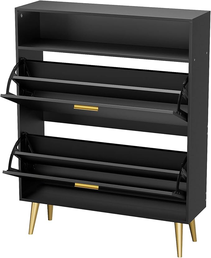 JOZZBY Shoe Cabinet for Entryway, Narrow Shoe Storage Cabinet with 2 Flip Drawers, Freestanding Hidden Shoe Rack Storage with Open Shelves for Hallway, Living Room, Set of 2, Black