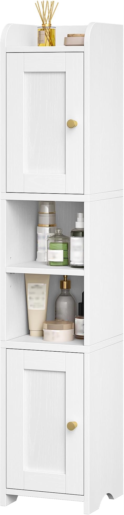 Slim Bathroom Storage Cabinet, Narrow Storage Cabinet with 2 Doors, Open Space,Adjustable Shelf, Freestanding Bathroom Organizer for Laundry Room, Kitchen, Living Room, White 022413X