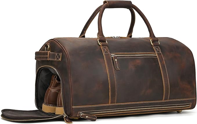 Genuine Full-grain Leather Travel Bag Large Capacity Duffel Luggage Bag with Shoe Compartment, Men Women Weekend Shoulder HandBag for Holiday Trip