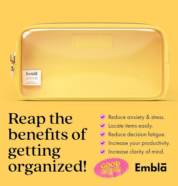 Embla London Makeup Bag Cosmetic Case, Clear Zipper Make Up Pouch and Toiletry Travel Tote, Cute Skincare Pouches for Women Girls, Preppy Purse Cosmetic Organizer, Small Makeup Bags, Lemon