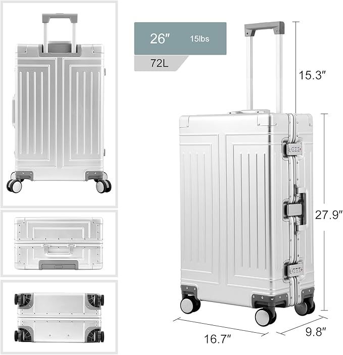 All Aluminum Carry On Luggage,Cut from Whole Aluminum Sheet,22x14x9 Airline Approved ,(3rd Generation,Premium Metal zipperless suitcase ) (silvery, 26inch)