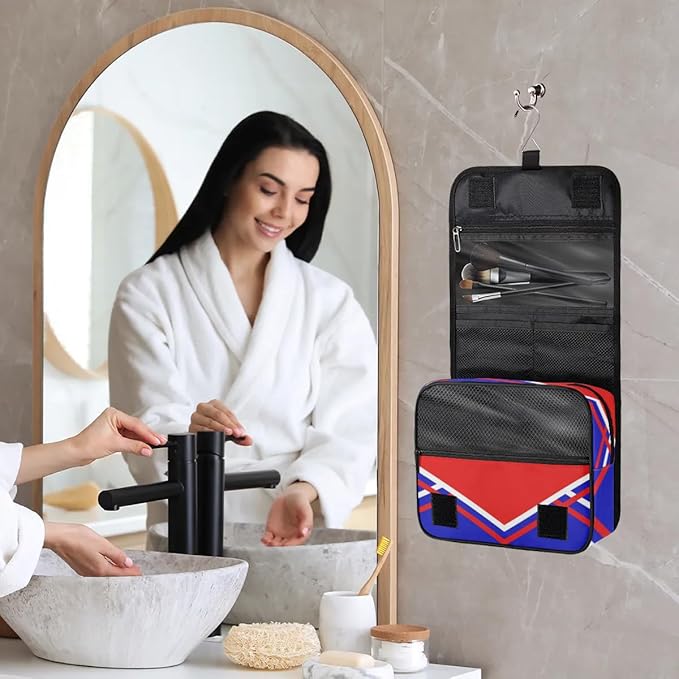 Custom Name Toiletry Bag Travel Bag with Hanging Hook, Makeup Cosmetic Bag Travel Full Sized Container Organizer for Shampoo, Toiletries. Red Royal Blue Black Cheerleader Silhouette