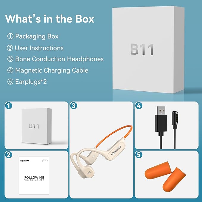 B11 Bone Conduction Headphones, IP68 Waterproof Earbuds for Swimming, 32GB & Bluetooth 6.0 Wireless Underwater Open Ear Headphones with Mic for Sport