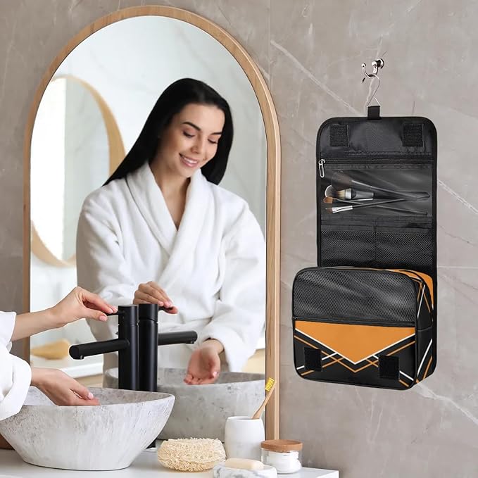 Custom Travel Toiletry Bag with Hanging Hook, Spacious Waterproof Cheerleading Toiletry Bag for Women for Travel Accessories, Toiletries Essentials. Orange Black Cheer