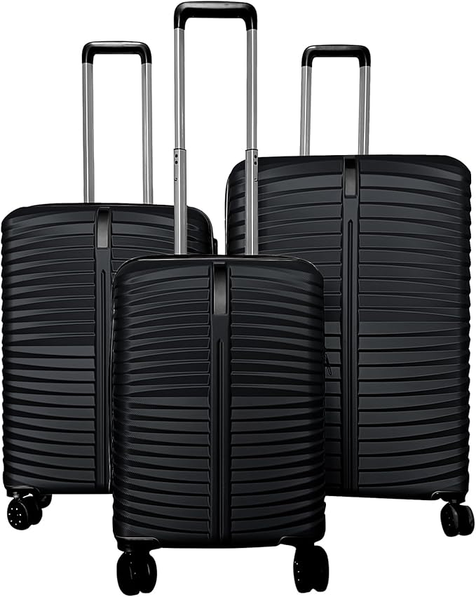 GYMAX Luggage Sets 3 Pieces Hardside Suitcase with Spinner Wheels & Lock, 20” Carry On, 24” & 28” Checked Luggage Set, Lightweight Portable for Travel, Business (Black,Pin Stripe)
