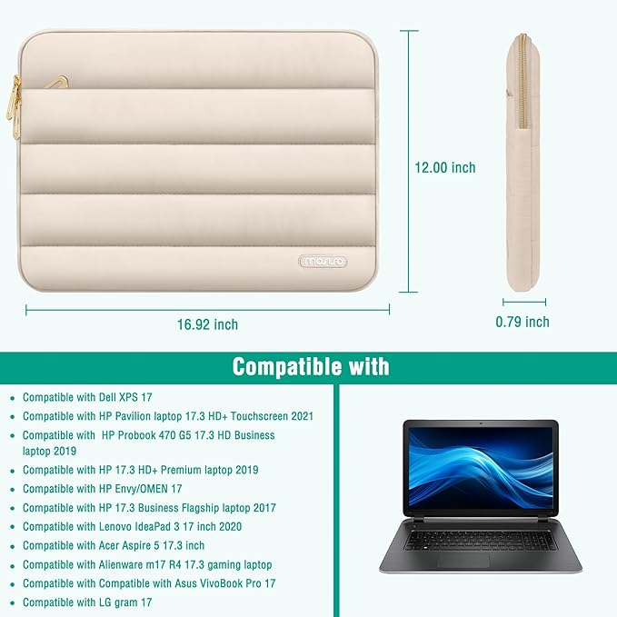 MOSISO 17-17.3 inch Laptop Case, 17.3 inch Puffy Laptop Sleeve Compatible with Dell XPS/HP Pavilion/Ideapad/Acer/Alienware/HP Omen Notebook Computer, Polyester Horizontal Bag with Small Case, Sand