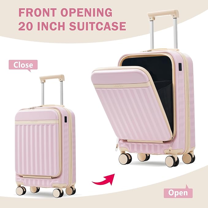 Merax Luggage Sets 3 Piece,Front Open Hardshell Expandable Suitcase with Spinner Wheels and Duffel Bags,Lightweight Carry on Luggage with USB Port,20/24IN,Pink