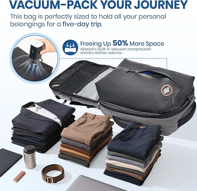 Fanwoli Vacuum Travel Backpack, Carry On Luggage with TSA Lock & Anti Theft Zipper, Expandable Airback with Compression Pump, Waterproof Laptop Bag Ideal for Flight & Business