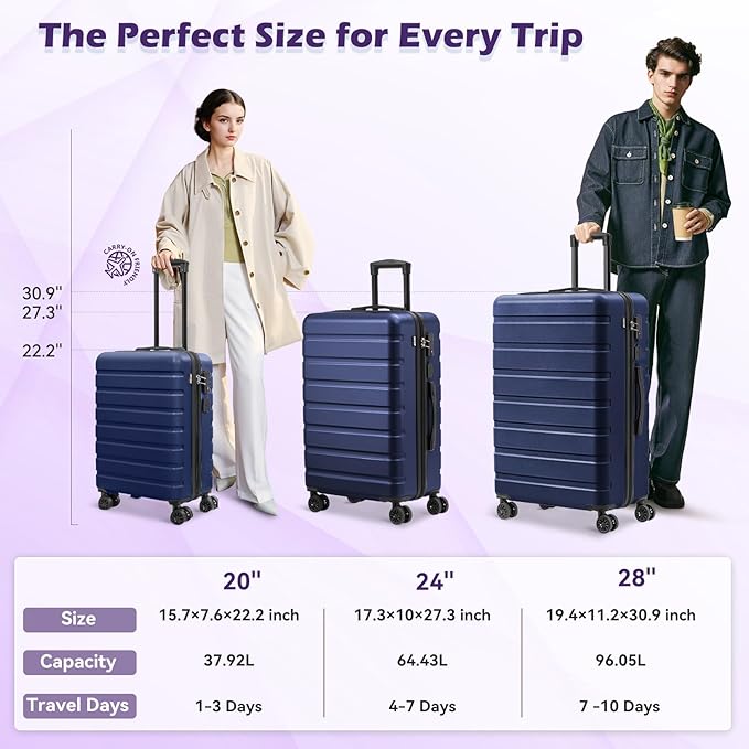 AnyZip Carry On Luggage 21" Hardside PC ABS Lightweight USB Suitcase with Wheels TSA Lock for kids DarkBlue