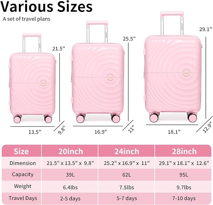 LARVENDER Luggage Sets, Suitcase Set 3 Piece Expandable Luggage PP Lightweight Large Suitcases with Wheels for Women (28/24/20inch,Light Pink)