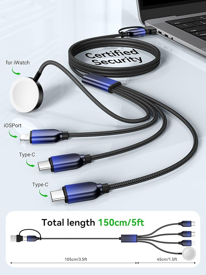 Travel Essentials for Apple Watch Charger, Dual USB C Multi Charger Cable for iWatch/for iPhone 17-12,4 in 2 USB A/C,2*Type-C,Lightning,iWatch Charging Cord,Vacation RV Camping Essentials-5FT Black