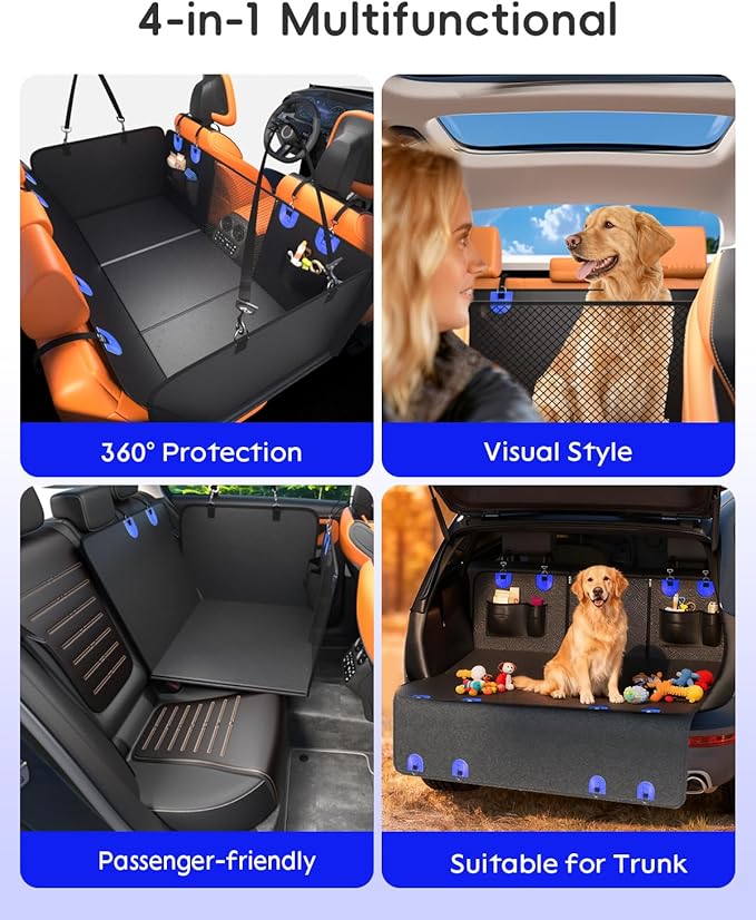 Dog Car Seat Cover for Back Seat, Superior Hard Bottom Back Seat Extender for Dogs, 100% Waterproof & Anti Scratch, Hold 500lbs Dog Hammock for Car SUV Trunk, Back Seat Pet Cover for Dogs, Blue
