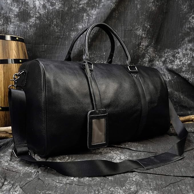 Leather Travel Bag Large Capacity Luggage Duffel Bag with Shoe Compartment, Men Women Weekend Shoulder Handbag for Holiday Business Trip (55cm-Black)