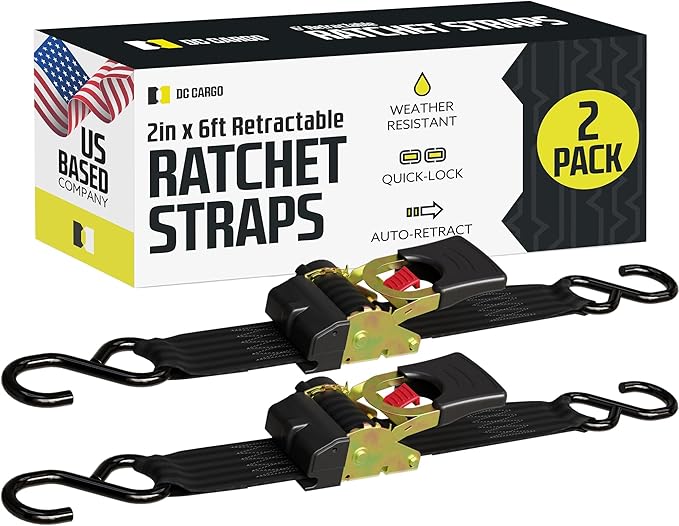 DC Cargo Mall Auto Retractable Ratchet Straps (2-Pack) 2” x 6ft, Super Heavy Duty, 4,033lb Break Strength – Tie Down Straps for Cargo, Truck, Trailer, Boats