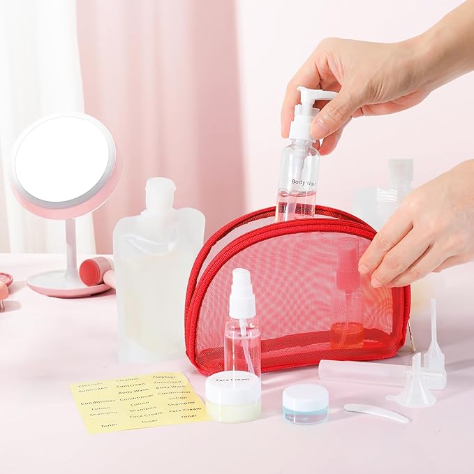 9-Pack Travel Bottles Set, Leak-Proof Refillable Containers with Clear Zipper Bag for Toiletries, Skincare, Shampoo, Lotion TSA Approved Mini Makeup Cosmetic Organizer Pouchfor Women Travel Essentials