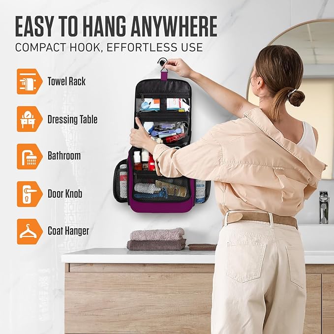 VENTURE 4TH Hanging Travel Toiletry Bag for Women & Men – Large Toiletry Organizer with 18 Compartments, Removable TSA Pouch, Travel Wash Bag for Toiletries, Makeup & Shaving Kit (Purple)