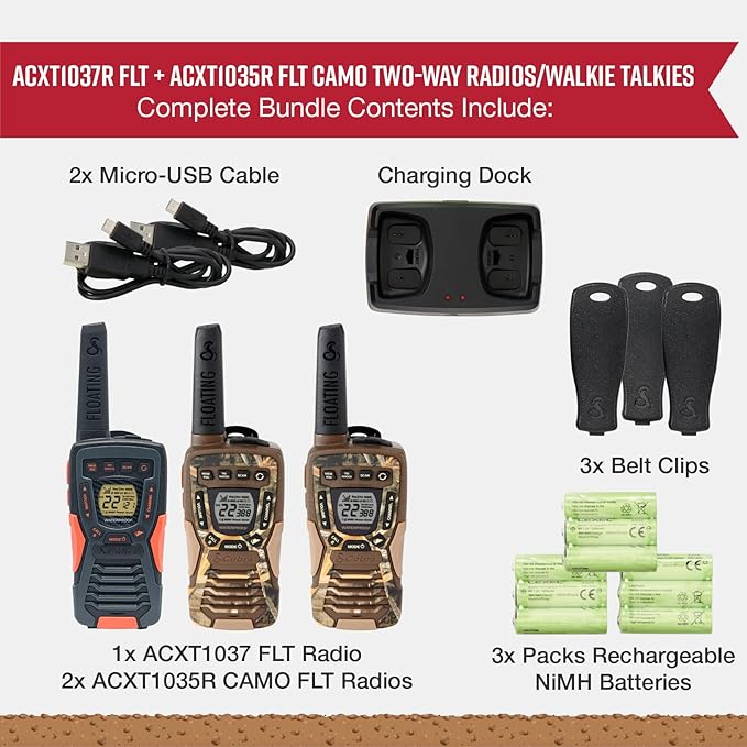 Bundle of Cobra ACXT1035R FLT CAMO Waterproof Walkie Talkies (2-Pack) + Cobra ACXT1037R FLT Floating Walkie Talkie (1-Pack)