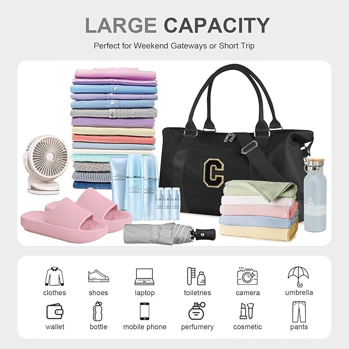 Dance Gym Duffel Bag for Teen Girls, Personalized Initial Travel Weekender Bag,Cute Overnight Carry On Duffle for Women,Sports Travel Cheer Bag,Monogram Christmas Gifts for Tween Preppy(black-C)
