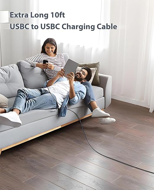 100W USB C to USB C Cable Long 2Pack 10 FT USBC to C Charger Cable Fast Charging Cord Compatible with iPhone 17/iPhone 16 Plus/16 Pro/15 Pro Max Samsung S24 S23 MacBook Air iPad Pro Carplay