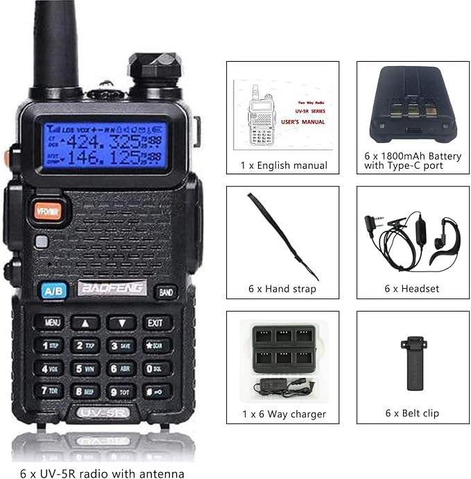 Baofeng UV-5R Dual Band Two Way Radio Handheld Ham Radio Long Range Walkie Talkies Pack of 6 for Hiking Camping Hunting Skiing Trip(Black) with 6 Way Charger, USB-C Charge Battery