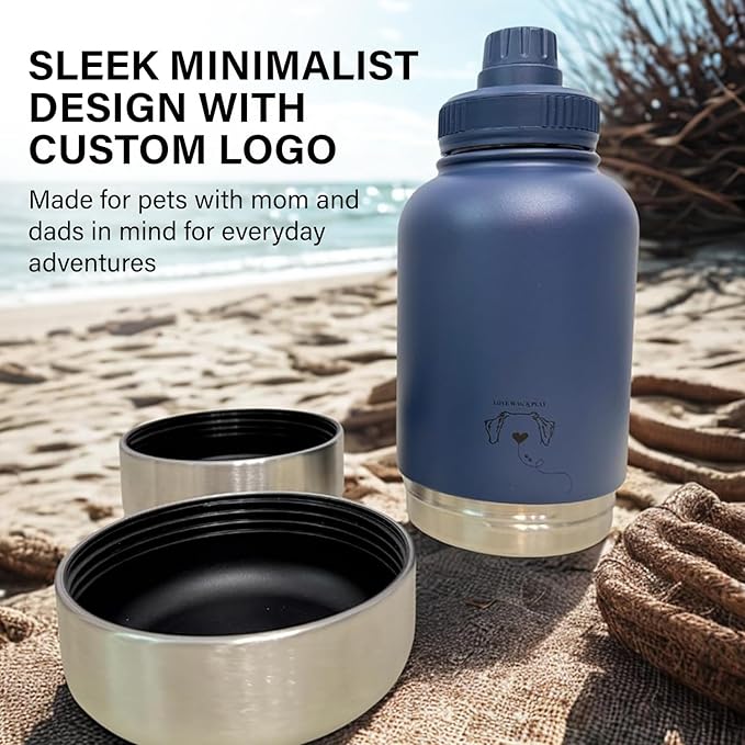 Love Wag & Play Dog Water Bottle Portable – 2 in 1 Stainless Steel Bowl for Food, Water – Leakproof Portable Water Bowl for Dog with Carry Loop – Detachable Design – Ideal for Kibble, Treats – Green