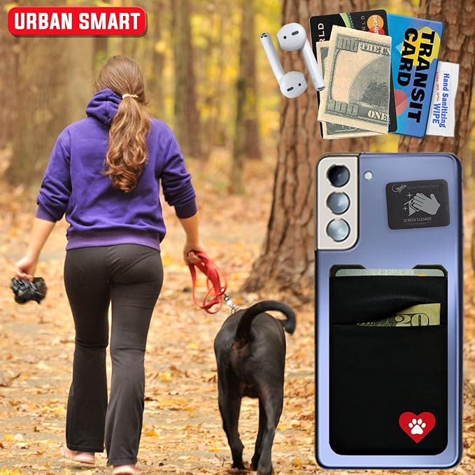 Gecko Travel Tech Double Pocket - Adhesive Card Holder - Cell Phone Pouch - Stick on Spandex Pocket - Carry Credit Cards and Cash - DOG HEART